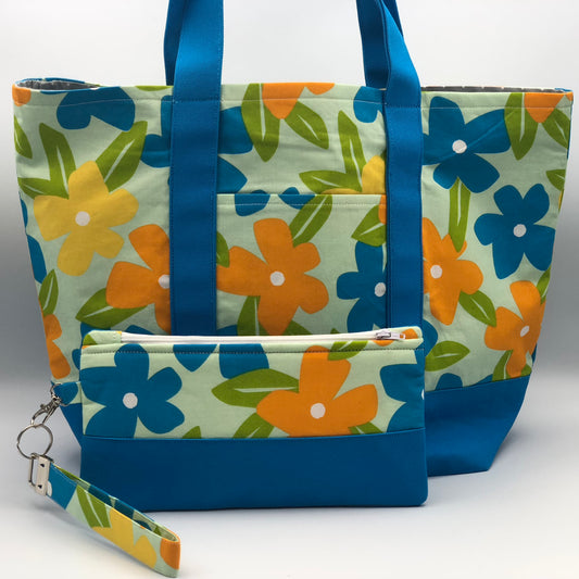 Blue Florals Tote Bag and Zipper Pouch Set