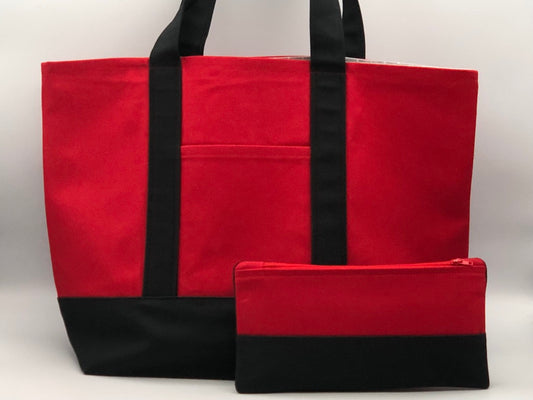 Red and Black Canvas Tote Bag and Zipper Pouch Set