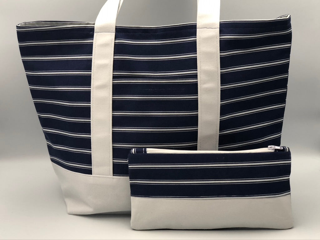 Navy Blue and White Tote Bag and Zipper Pouch Set